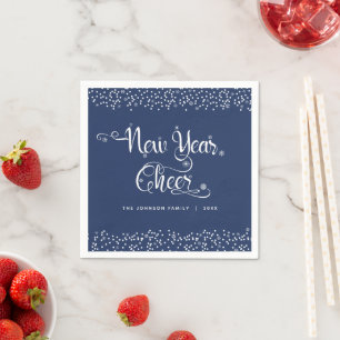 Navy New Year Cheer Modern White Snowflake Name Napkin