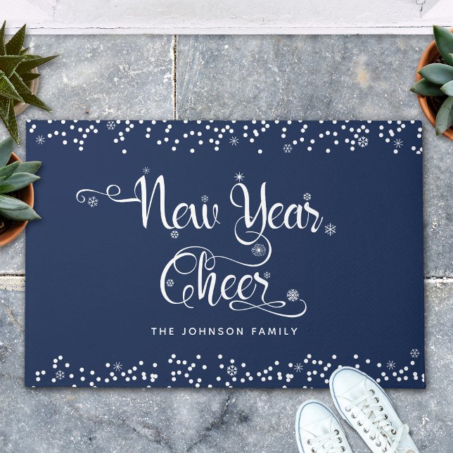 Navy New Year Cheer White Script Snowflakes Custom Doormat (Creator Uploaded)