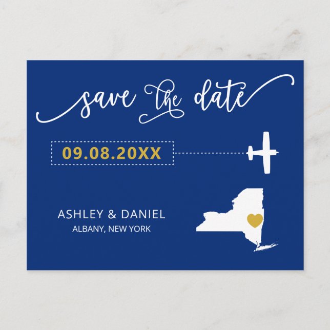 Navy New York Wedding Save the Date Map Postcard (Front)