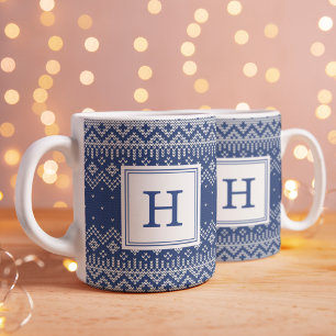 Navy Nordic Sweater Pattern Monogram Holiday Coffee Mug