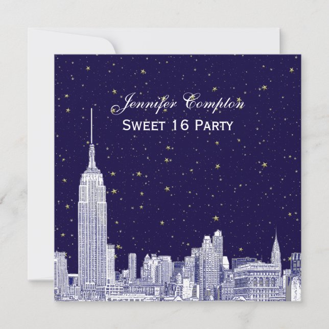 Navy NYC Skyline Etch Starry DIY BG Sweet 16 SQ In Invitation (Front)