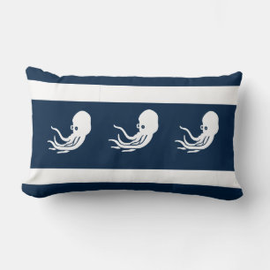 navy octopus / squid on  white  PILLOW coastal