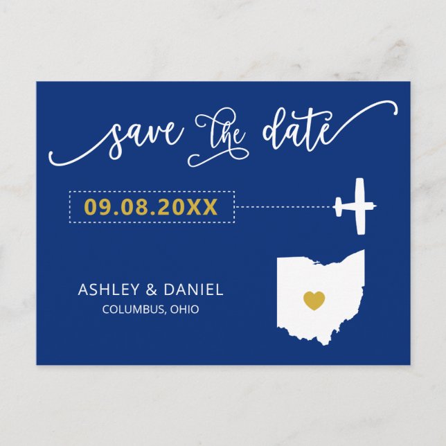 Navy Ohio Wedding Save the Date Map Postcard (Front)