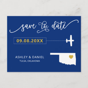 Navy Oklahoma Wedding Save the Date Map Postcard