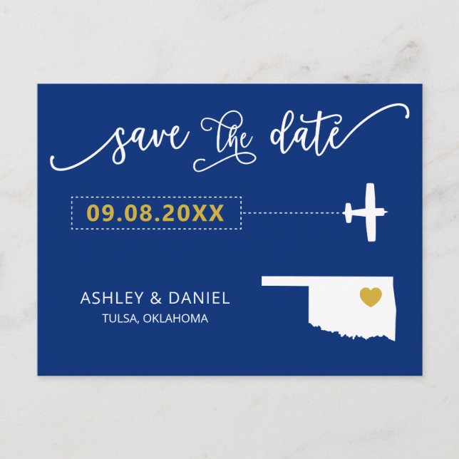 Navy Oklahoma Wedding Save the Date Map Postcard (Front)
