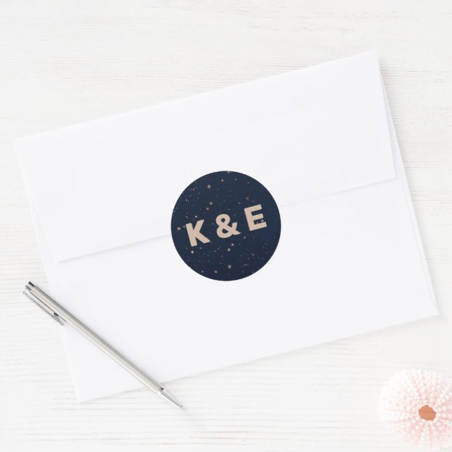 Navy Ombre Sky with Bronze Stars Wedding Classic Round Sticker (Envelope)