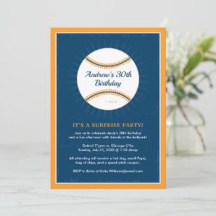 Navy Orange Baseball Birthday Party Invitation
