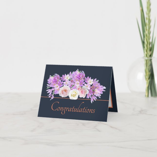 Navy Orange Bouquet Rose & Crocus Congratulations Card (Front)