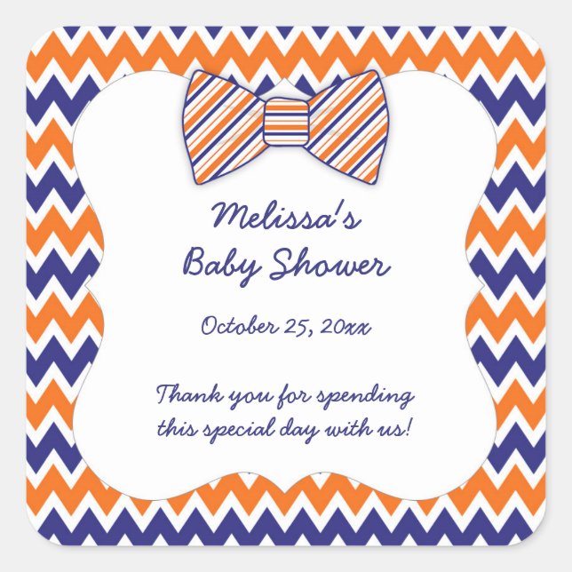 Navy Orange Chevron bow tie boy baby shower favour Square Sticker (Front)