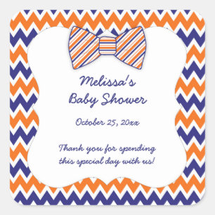 Navy Orange Chevron bow tie boy baby shower favour Square Sticker