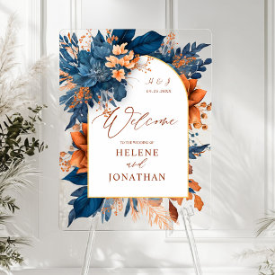Navy Orange Floral Elegant Wedding Welcome Acrylic Sign