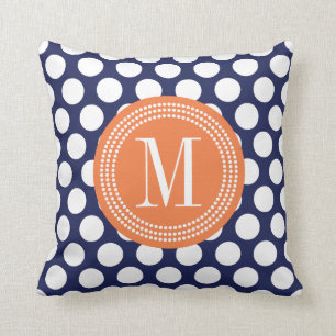 Navy & Orange Green Big Polka Dots Monogrammed Throw Pillow