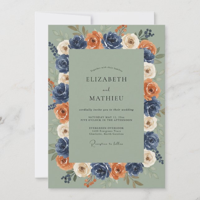 Navy Orange Rose Wreath Wedding Invitation (Front)