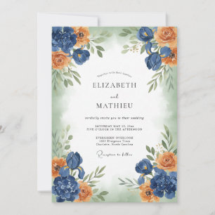 Navy Orange Vibrant Fall Wedding Invitation