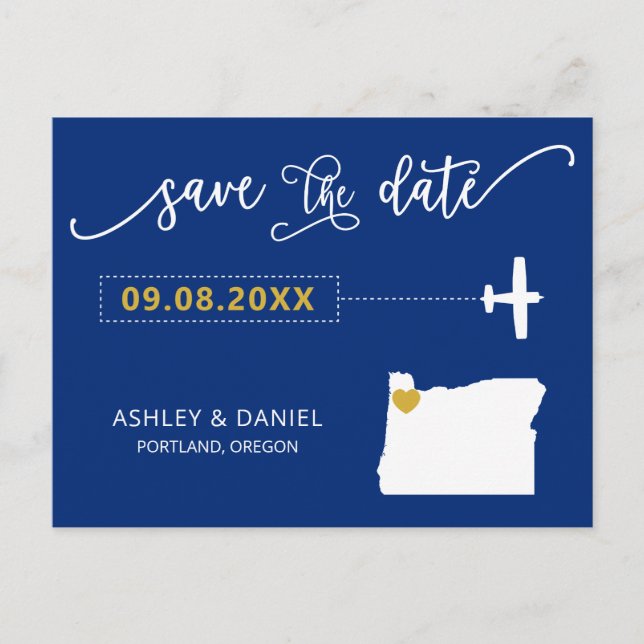 Navy Oregon Wedding Save the Date Map Postcard (Front)