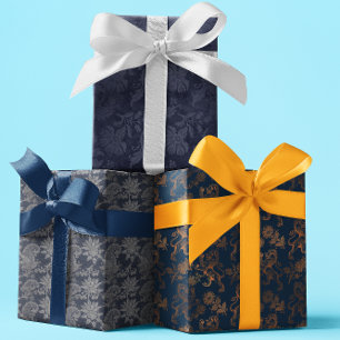 Navy Ornate Damask Blue Pattern Wrapping Paper Sheet