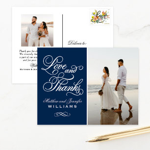 Navy Ornate Love and Thanks Wedding Photo Postcard