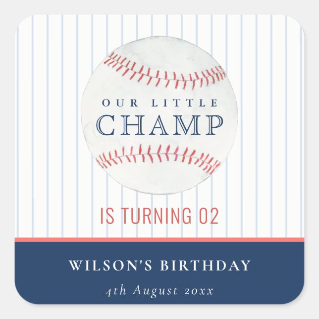Navy Our Little Champ Baseball Any Age Birthday Square Sticker (Front)