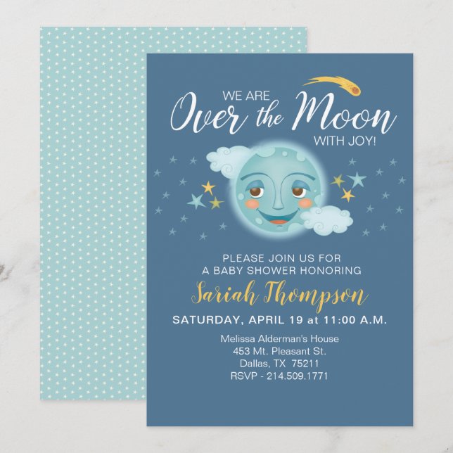 Navy Over the Moon Boy Baby Shower Invitation (Front/Back)