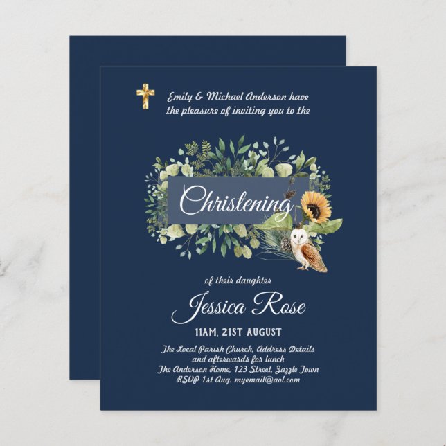 Navy Owl Sunflowers Christening Invites Baptism  (Front/Back)