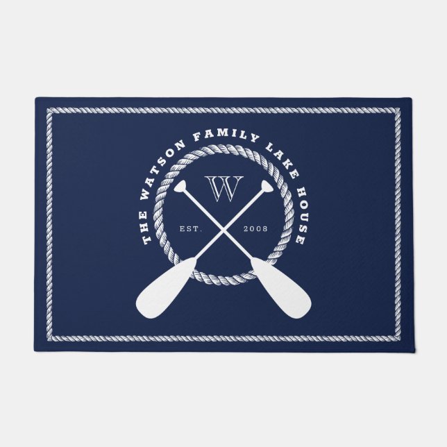 Navy Paddle Monogram Rope Frame Lake House Welcome Doormat (Front)