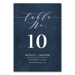 Navy painted elegant script text wedding table number
