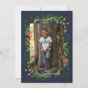 Navy Painted Greenery Frame Photo Holiday Card