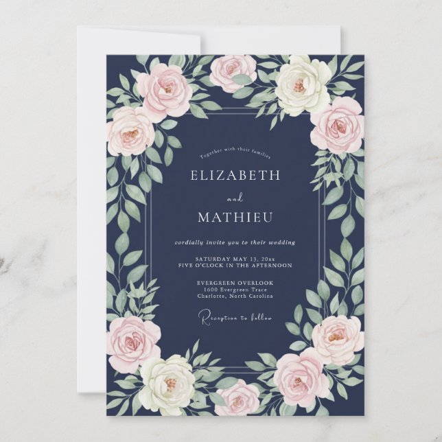 Navy Pale Pink Blossom Wedding Invitation (Front)