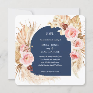 Navy Pampas Grass Modern Boho Floral Square Invitation