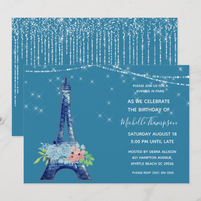 Navy Paris Eiffel Tower Glitter Floral Birthday In Invitation (Front/Back)