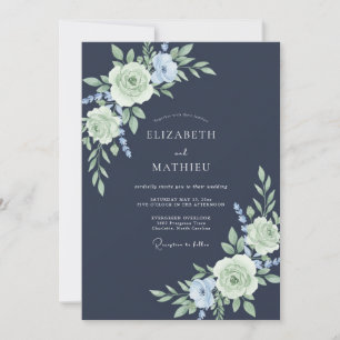 Navy Pastel Bloom Romance Wedding Invitation
