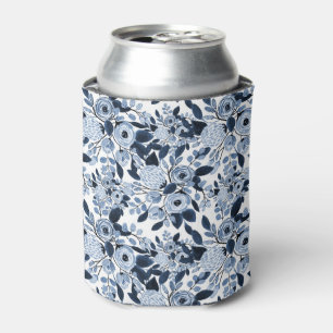 Navy Pastel Blue Watercolor Floral Pattern Can Cooler