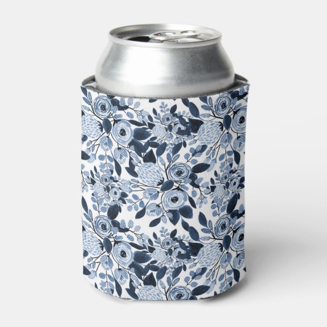 Navy Pastel Blue Watercolor Floral Pattern Can Cooler (Can Front)