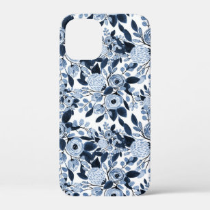 Navy Pastel Blue Watercolor Floral Pattern iPhone 12 Mini Case