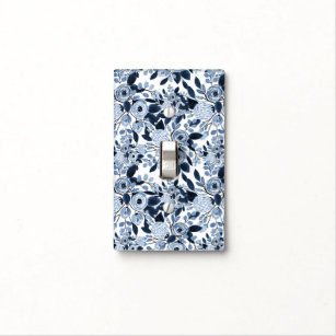 Navy Pastel Blue Watercolor Floral Pattern Light Switch Cover