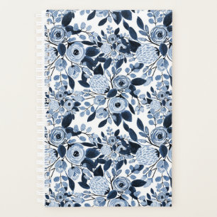 Navy Pastel Blue Watercolor Floral Pattern Planner