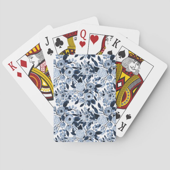 Navy Pastel Blue Watercolor Floral Pattern Playing Cards (Back)