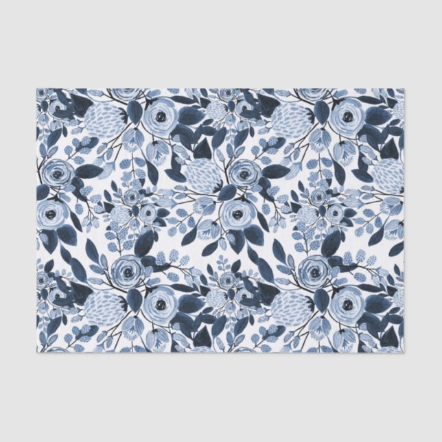 Navy Pastel Blue Watercolor Floral Pattern Tissue Paper (Front)