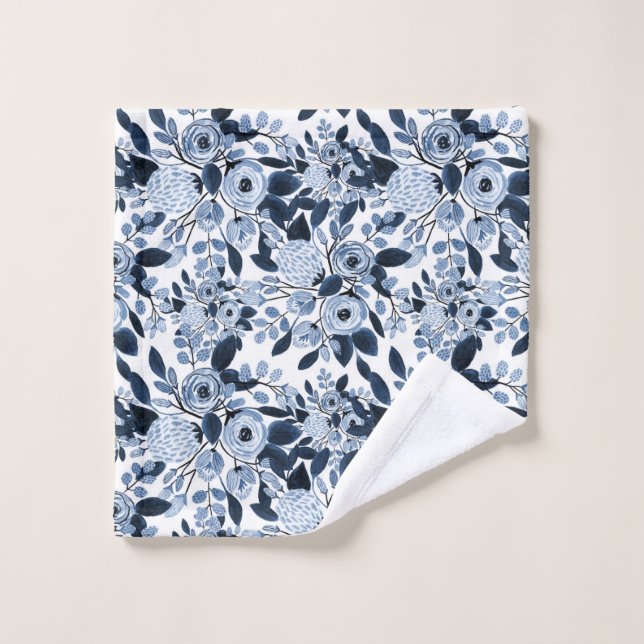 Navy Pastel Blue Watercolor Floral Pattern Wash Cloth (Wash Cloth)