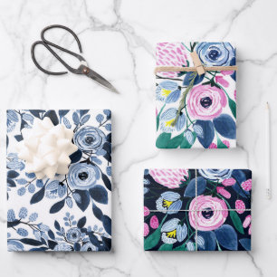 Navy Pastel Blue Watercolor Floral Pattern Wrapping Paper Sheet