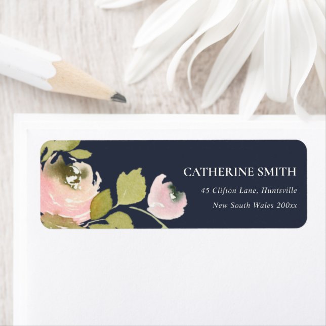 NAVY PASTEL BLUSH ROSE WATERCOLOR FLORAL ADDRESS (Insitu)
