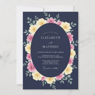 Navy Pastel Floral Watercolor Wedding Invitation