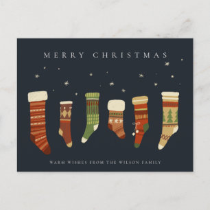 NAVY PASTEL RED GREEN STAR CHIRSTMAS STOCKINGS HOLIDAY POSTCARD