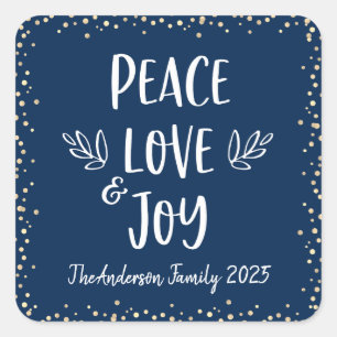 Navy Peace Love Joy Modern Typography Gold Custom Square Sticker