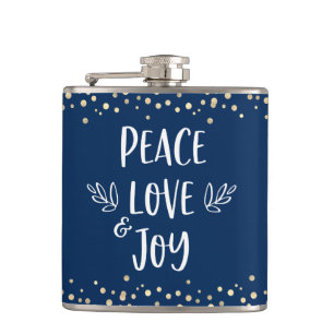 Navy Peace Love Joy Modern Typography Gold Dots Hip Flask