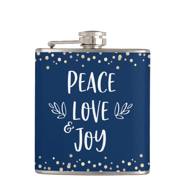 Navy Peace Love Joy Modern Typography Gold Dots Hip Flask (Front)