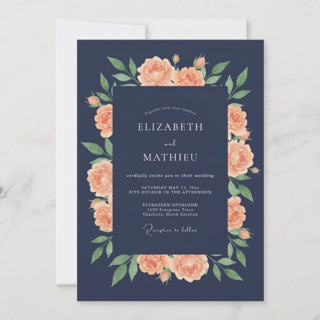 Navy Peach Blossom Wedding Invitation (Front)