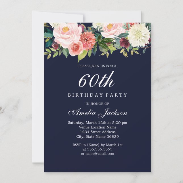 Navy Peach Botanical Floral 60th Birthday Invitation (Front)