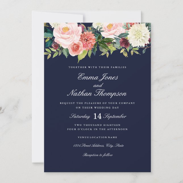 Navy Peach Botanical Watercolor Floral Wedding Invitation (Front)