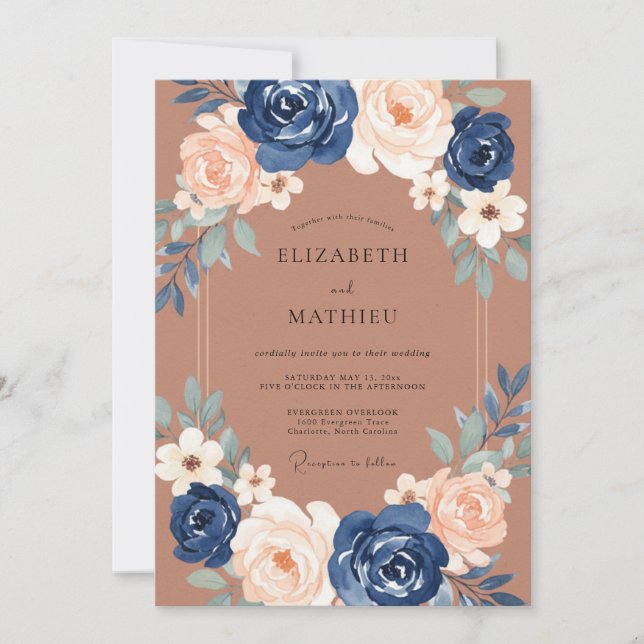 Navy Peach Floral Romance Wedding Invitation (Front)
